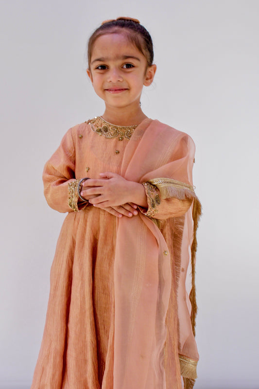 Soan Chiriyya Apricot-Gold Anarkali Set